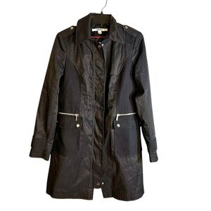 DKNY Car Trench Coat Navy Blue Snap Zip Lined Military Epaulettes Womens Size M
